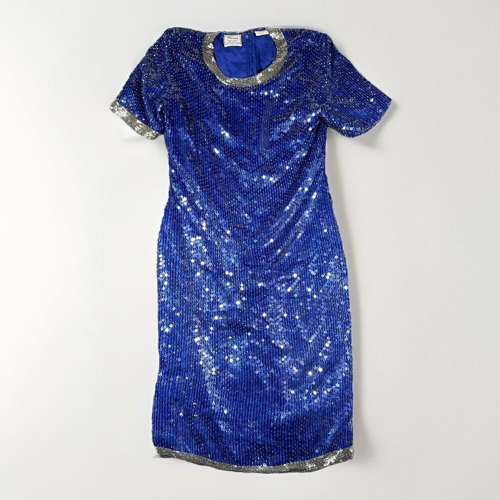 Stenay Blue Silk Sequin Dress Sz8 Midi Silver Beaded Flapper 70s Upper Class
